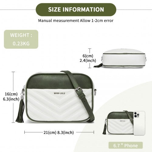MSM2460 - Miss Lulu Minimalist V-Stitch PU Leather Crossbody Bag with Tassel Zip - White And Green | Neil's Luggage Store