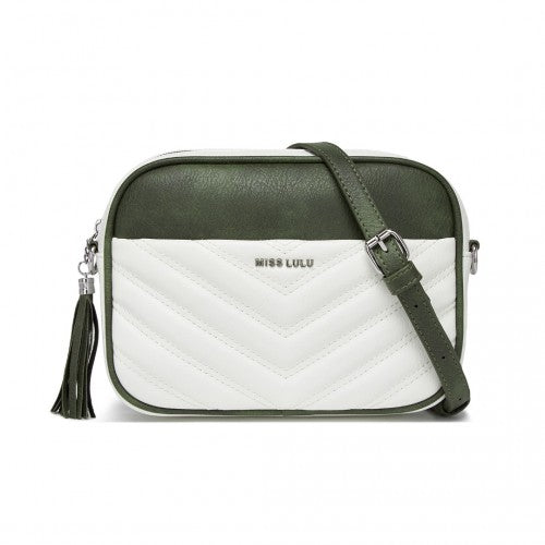 MSM2460 - Miss Lulu Minimalist V-Stitch PU Leather Crossbody Bag with Tassel Zip - White And Green | Neil's Luggage Store