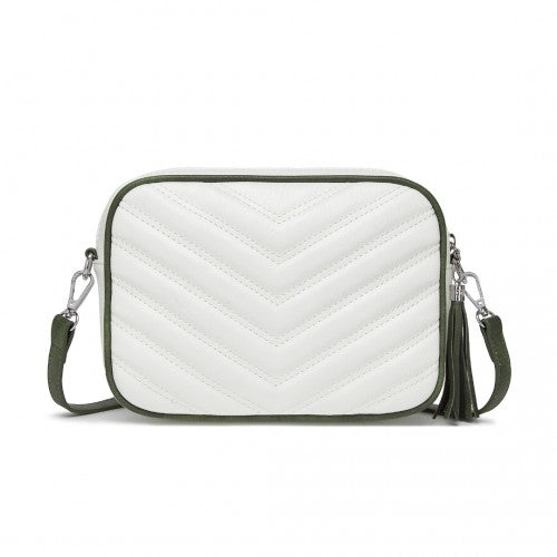 MSM2460 - Miss Lulu Minimalist V-Stitch PU Leather Crossbody Bag with Tassel Zip - White And Green | Neil's Luggage Store