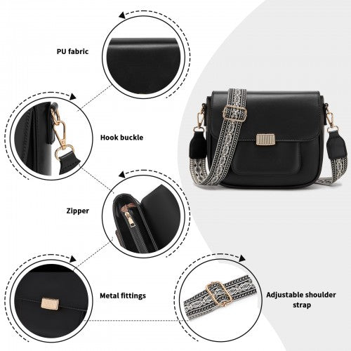 MSM2513 - Miss Lulu Chic Fashion PU Crossbody Shoulder Bag with Detachable Woven Strap for Women - Black
