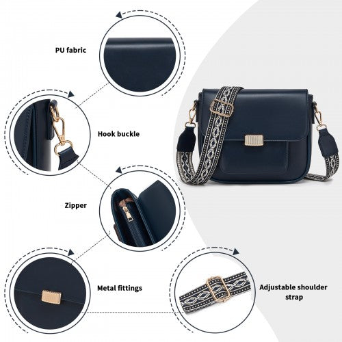 MSM2513 - Miss Lulu Chic Fashion PU Crossbody Shoulder Bag with Detachable Woven Strap for Women - Navy