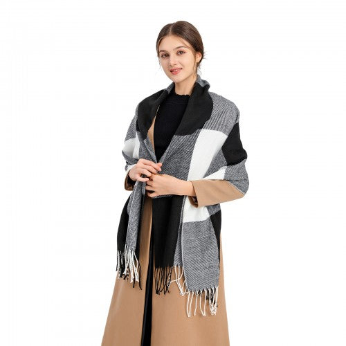 S6430 - Women Fashion Long Shawl Grid Tassel Winter Warm Lattice Large Scarf - Black | Neil's Luggage Store
