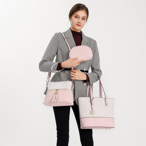 LG2023 - Miss Lulu Elegant 3-Piece Leather Look Tote Bag Set - Versatile & Chic for Every Occasion - Pink And Beige | Neil's Luggage Store