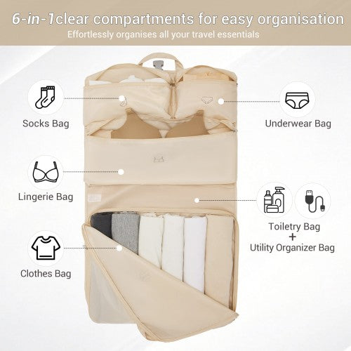POK2523 - Kono 6-in-1 Hanging Travel Organiser Bag, Portable Foldable Packing Cubes Set with Trolley Sleeve - Beige | Neil's Luggage Store