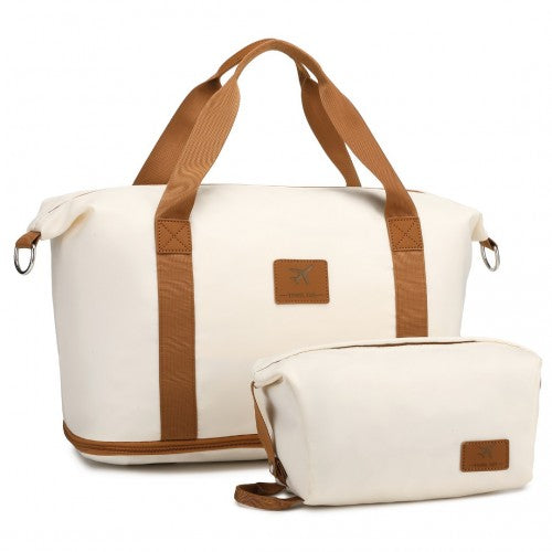 S2366 - 36L Expandable Water-Resistant Travel Tote Set with Cosmetic Pouch Versatile Carry-On Duffel Bag - Beige And Brown | Neil's Luggage Store