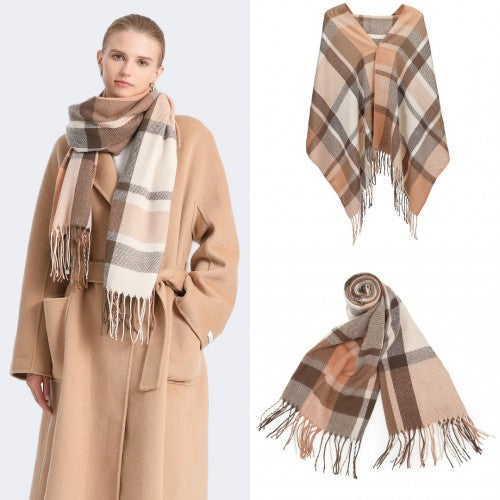 SFN4401 - Elegant Color Block Scarf with Fringe Detailing – Versatile Oversized Design - Apricot | Neil's Luggage Store