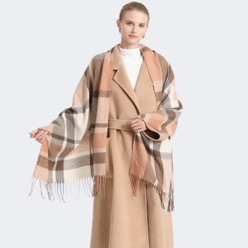 SFN4401 - Elegant Color Block Scarf with Fringe Detailing – Versatile Oversized Design - Apricot | Neil's Luggage Store