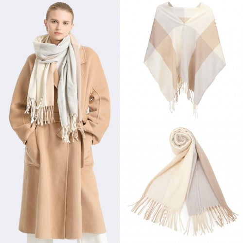 SFN4401 - Elegant Color Block Scarf with Fringe Detailing – Versatile Oversized Design - Camel | Neil's Luggage Store
