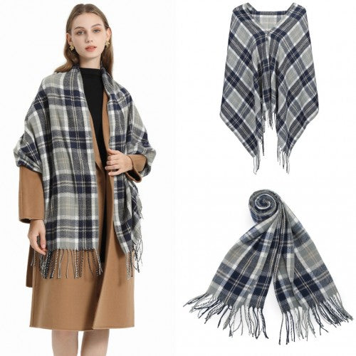 SFN4401 - Elegant Color Block Scarf with Fringe Detailing – Versatile Oversized Design - Dark Blue | Neil's Luggage Store