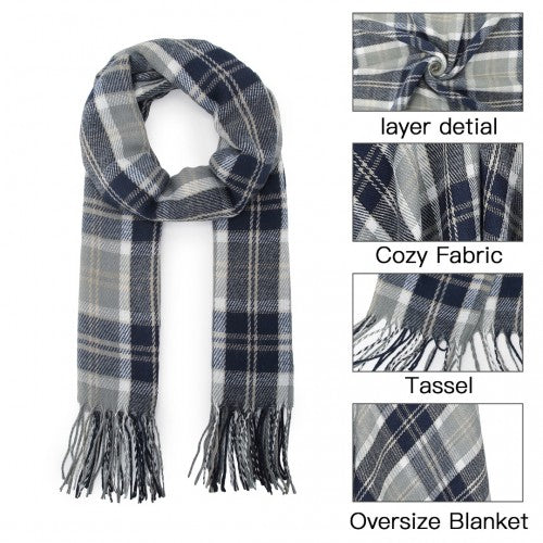 SFN4401 - Elegant Color Block Scarf with Fringe Detailing – Versatile Oversized Design - Dark Blue | Neil's Luggage Store