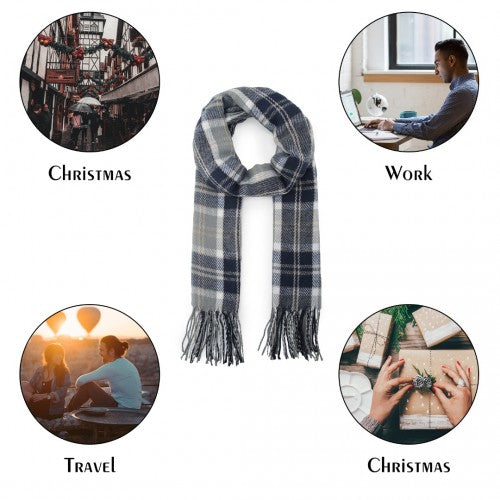 SFN4401 - Elegant Color Block Scarf with Fringe Detailing – Versatile Oversized Design - Dark Blue
