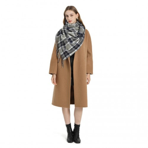 SFN4401 - Elegant Color Block Scarf with Fringe Detailing – Versatile Oversized Design - Dark Blue