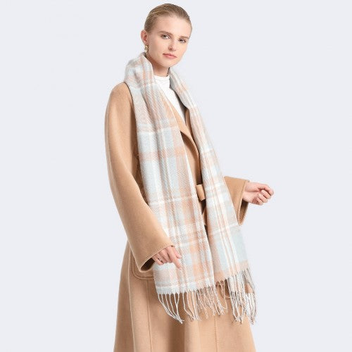 SFN4401 - Elegant Color Block Scarf with Fringe Detailing – Versatile Oversized Design - Light Blue