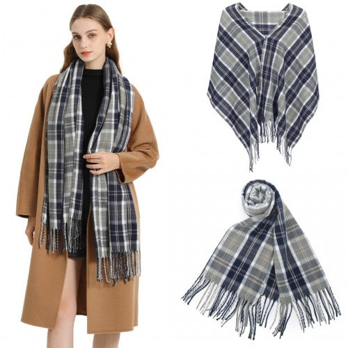 SFN4401 - Elegant Color Block Scarf with Fringe Detailing – Versatile Oversized Design - Navy | Neil's Luggage Store