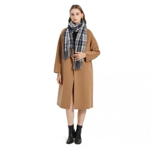 SFN4401 - Elegant Color Block Scarf with Fringe Detailing – Versatile Oversized Design - Navy