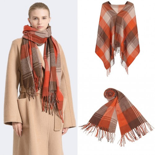 SFN4401 - Elegant Color Block Scarf with Fringe Detailing – Versatile Oversized Design - Orange | Neil's Luggage Store