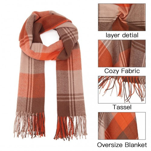 SFN4401 - Elegant Color Block Scarf with Fringe Detailing – Versatile Oversized Design - Orange | Neil's Luggage Store