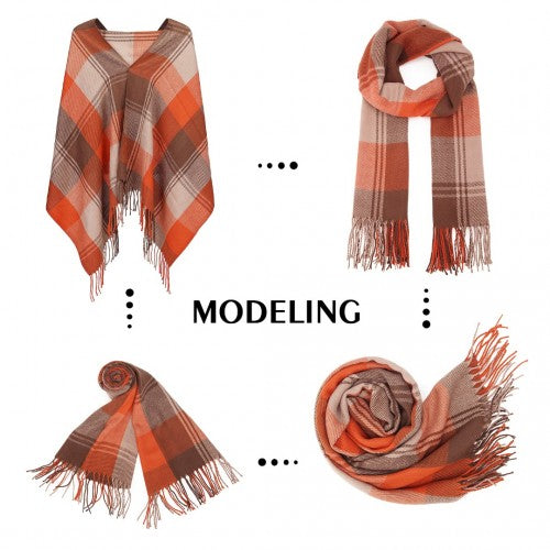 SFN4401 - Elegant Color Block Scarf with Fringe Detailing – Versatile Oversized Design - Orange | Neil's Luggage Store