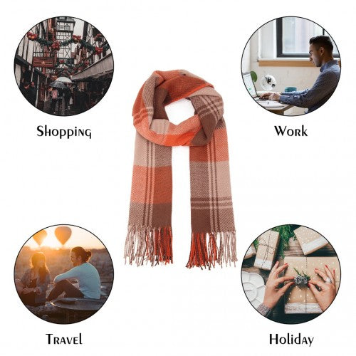 SFN4401 - Elegant Color Block Scarf with Fringe Detailing – Versatile Oversized Design - Orange | Neil's Luggage Store