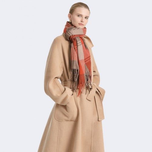 SFN4401 - Elegant Color Block Scarf with Fringe Detailing – Versatile Oversized Design - Orange | Neil's Luggage Store