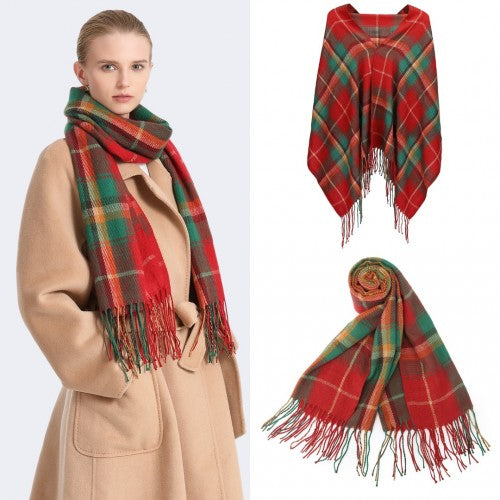 SFN4401 - Elegant Color Block Scarf with Fringe Detailing – Versatile Oversized Design - Red | Neil's Luggage Store