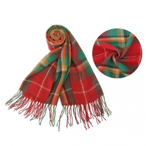 SFN4401 - Elegant Color Block Scarf with Fringe Detailing – Versatile Oversized Design - Red