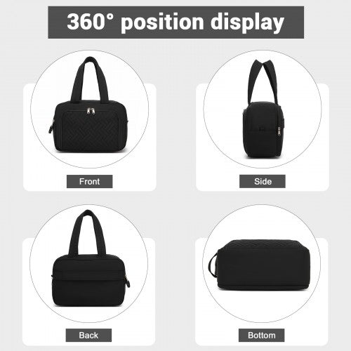 TOK2608 - Kono Travel Quilted Toiletry Bag – Water-Resistant, Wet/Dry Pocket, Large 180° Opening for Easy Access - Black | Neil's Luggage Store
