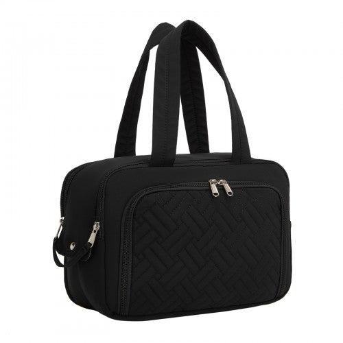TOK2608 - Kono Travel Quilted Toiletry Bag – Water-Resistant, Wet/Dry Pocket, Large 180° Opening for Easy Access - Black | Neil's Luggage Store
