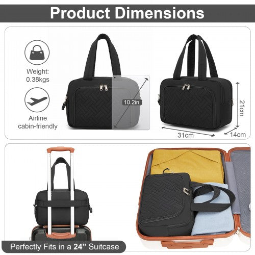 TOK2608 - Kono Travel Quilted Toiletry Bag – Water-Resistant, Wet/Dry Pocket, Large 180° Opening for Easy Access - Black | Neil's Luggage Store