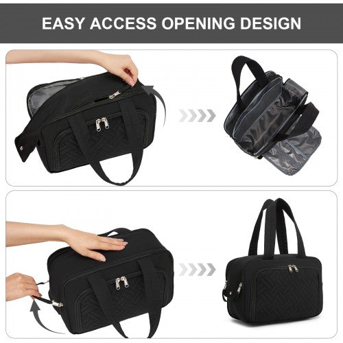 TOK2608 - Kono Travel Quilted Toiletry Bag – Water-Resistant, Wet/Dry Pocket, Large 180° Opening for Easy Access - Black | Neil's Luggage Store