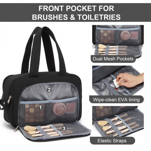 TOK2608 - Kono Travel Quilted Toiletry Bag – Water-Resistant, Wet/Dry Pocket, Large 180° Opening for Easy Access - Black | Neil's Luggage Store