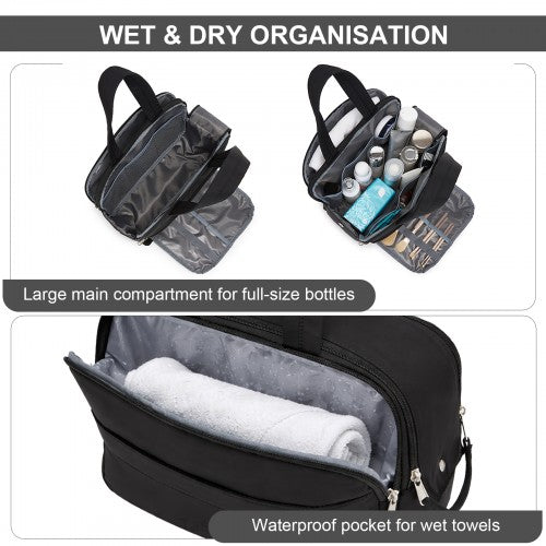 TOK2608 - Kono Travel Quilted Toiletry Bag – Water-Resistant, Wet/Dry Pocket, Large 180° Opening for Easy Access - Black | Neil's Luggage Store