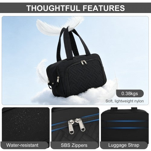 TOK2608 - Kono Travel Quilted Toiletry Bag – Water-Resistant, Wet/Dry Pocket, Large 180° Opening for Easy Access - Black | Neil's Luggage Store