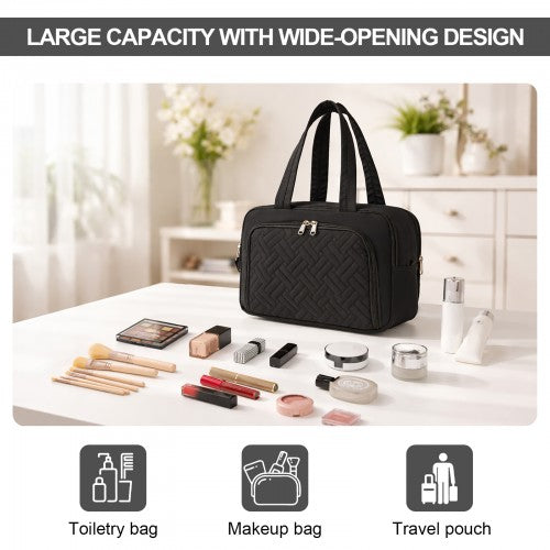 TOK2608 - Kono Travel Quilted Toiletry Bag – Water-Resistant, Wet/Dry Pocket, Large 180° Opening for Easy Access - Black | Neil's Luggage Store