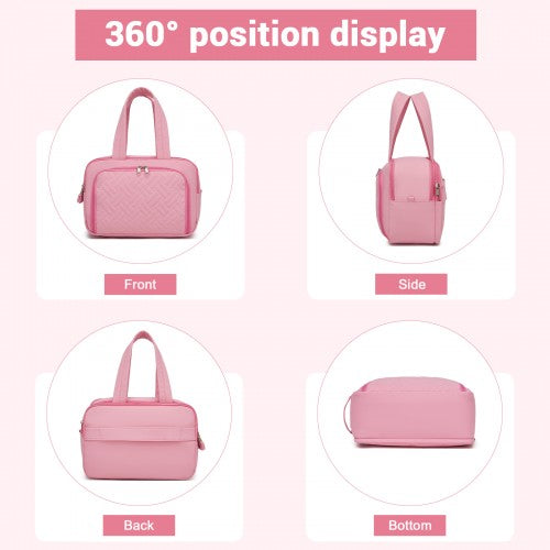 TOK2608 - Kono Travel Quilted Toiletry Bag – Water-Resistant, Wet/Dry Pocket, Large 180° Opening for Easy Access - Pink | Neil's Luggage Store