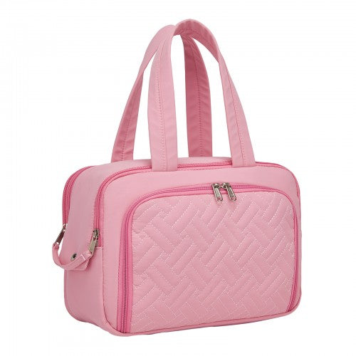 TOK2608 - Kono Travel Quilted Toiletry Bag – Water-Resistant, Wet/Dry Pocket, Large 180° Opening for Easy Access - Pink | Neil's Luggage Store