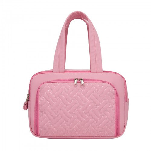 TOK2608 - Kono Travel Quilted Toiletry Bag – Water-Resistant, Wet/Dry Pocket, Large 180° Opening for Easy Access - Pink | Neil's Luggage Store