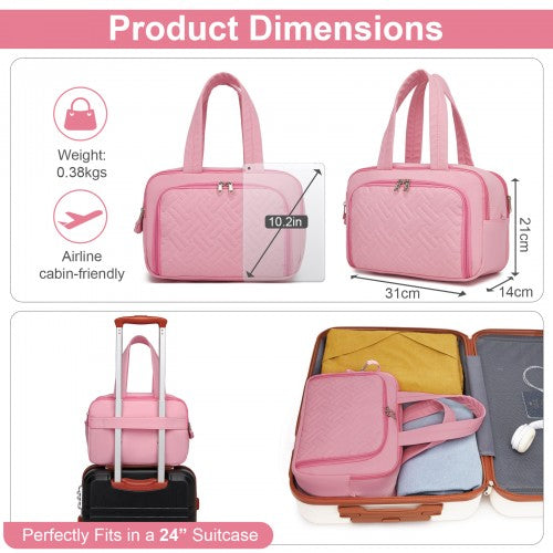 TOK2608 - Kono Travel Quilted Toiletry Bag – Water-Resistant, Wet/Dry Pocket, Large 180° Opening for Easy Access - Pink | Neil's Luggage Store