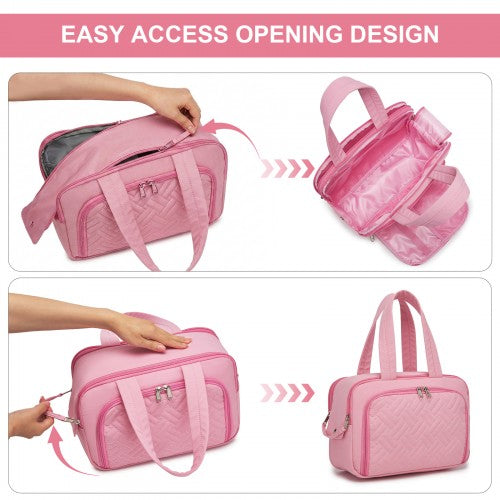 TOK2608 - Kono Travel Quilted Toiletry Bag – Water-Resistant, Wet/Dry Pocket, Large 180° Opening for Easy Access - Pink | Neil's Luggage Store