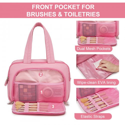 TOK2608 - Kono Travel Quilted Toiletry Bag – Water-Resistant, Wet/Dry Pocket, Large 180° Opening for Easy Access - Pink | Neil's Luggage Store