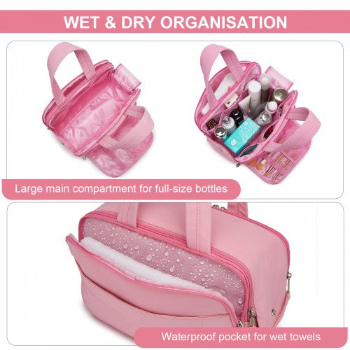 TOK2608 - Kono Travel Quilted Toiletry Bag – Water-Resistant, Wet/Dry Pocket, Large 180° Opening for Easy Access - Pink | Neil's Luggage Store