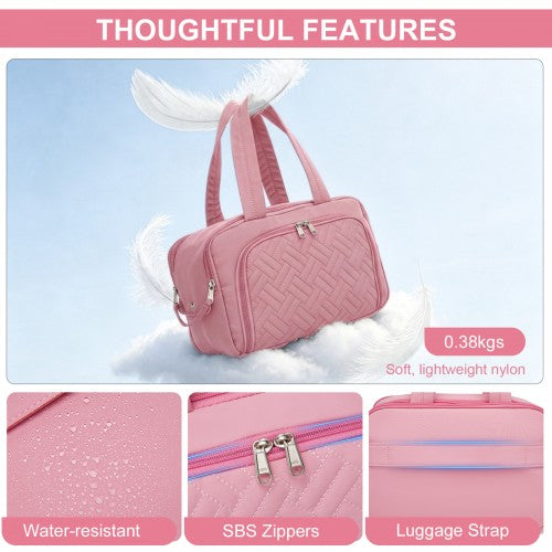 TOK2608 - Kono Travel Quilted Toiletry Bag – Water-Resistant, Wet/Dry Pocket, Large 180° Opening for Easy Access - Pink | Neil's Luggage Store
