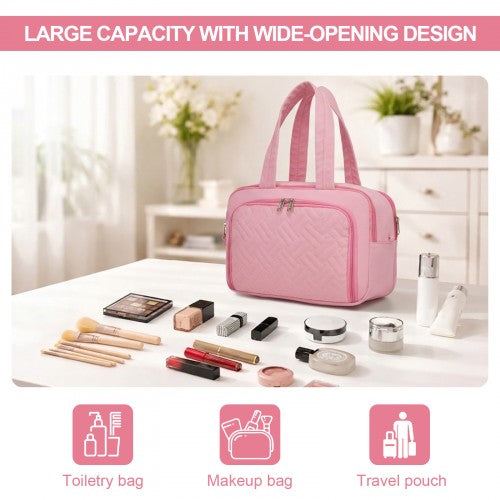 TOK2608 - Kono Travel Quilted Toiletry Bag – Water-Resistant, Wet/Dry Pocket, Large 180° Opening for Easy Access - Pink | Neil's Luggage Store