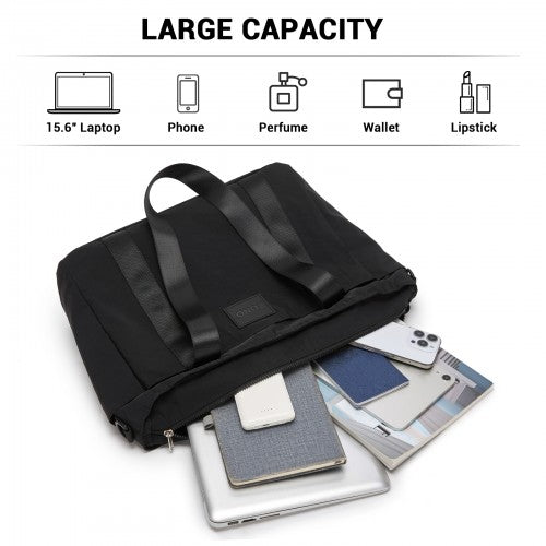 TVK2515 - Kono Comfortable and Easy-Carry Large-Capacity Travel Tote with Laptop Sleeve, Trolley Sleeve and Crossbody Strap - Black