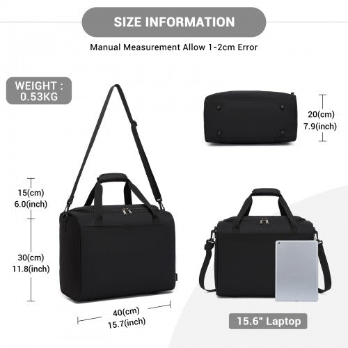 TVK2526 - Kono Spacious Airline-Approved Cabin Travel Duffel (40×30×20 cm) - Roomy Weekender with U-Zip Opening - Black