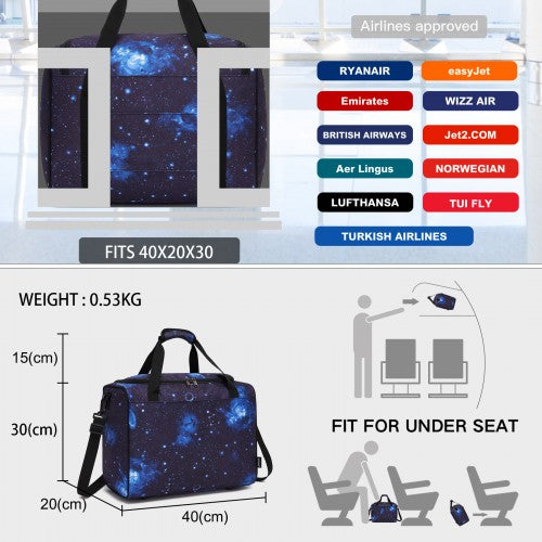TVK2526 - Kono Spacious Airline-Approved Cabin Travel Duffel (40×30×20 cm) - Roomy Weekender with U-Zip Opening - Galaxy Blue by LuluBags