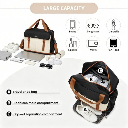 TVK2613 - Kono Expandable Cabin Travel Bag 40×30×20cm - Large Capacity, Water-Resistant, Multi-Compartment Weekend & Carry-On Tote - Black and Beige | Neil's Luggage Store
