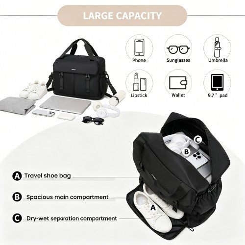 TVK2613 - Kono Expandable Cabin Travel Bag 40×30×20cm - Large Capacity, Water-Resistant, Multi-Compartment Weekend & Carry-On Tote - Black