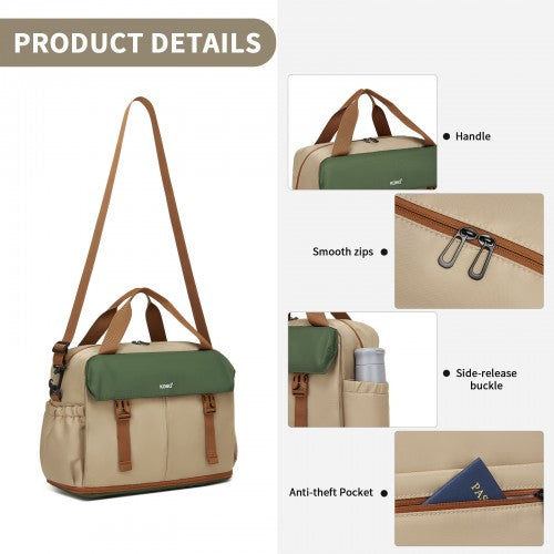 TVK2613 - Kono Expandable Cabin Travel Bag 40×30×20cm - Large Capacity, Water-Resistant, Multi-Compartment Weekend & Carry-On Tote - Khaki and Green