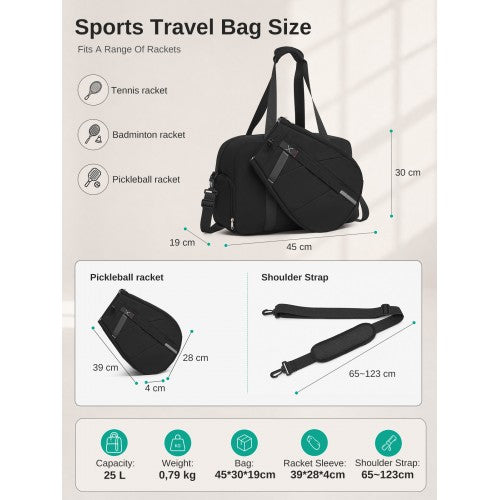 Kono 25L Modular Tennis Travel Gym Bag With Detachable Racket Sleeve Black | Neil's Luggage Store
